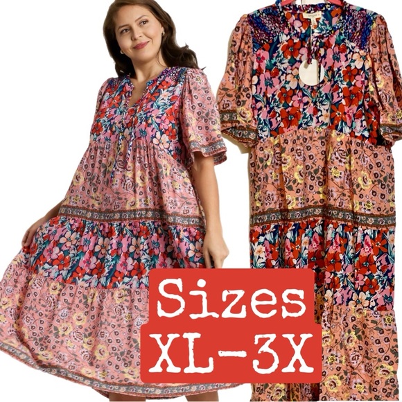 Umgee Dresses & Skirts - NWT Umgee Boutique Boho Berry Pink Hippy Floral Print Dress Plus XL-2X
